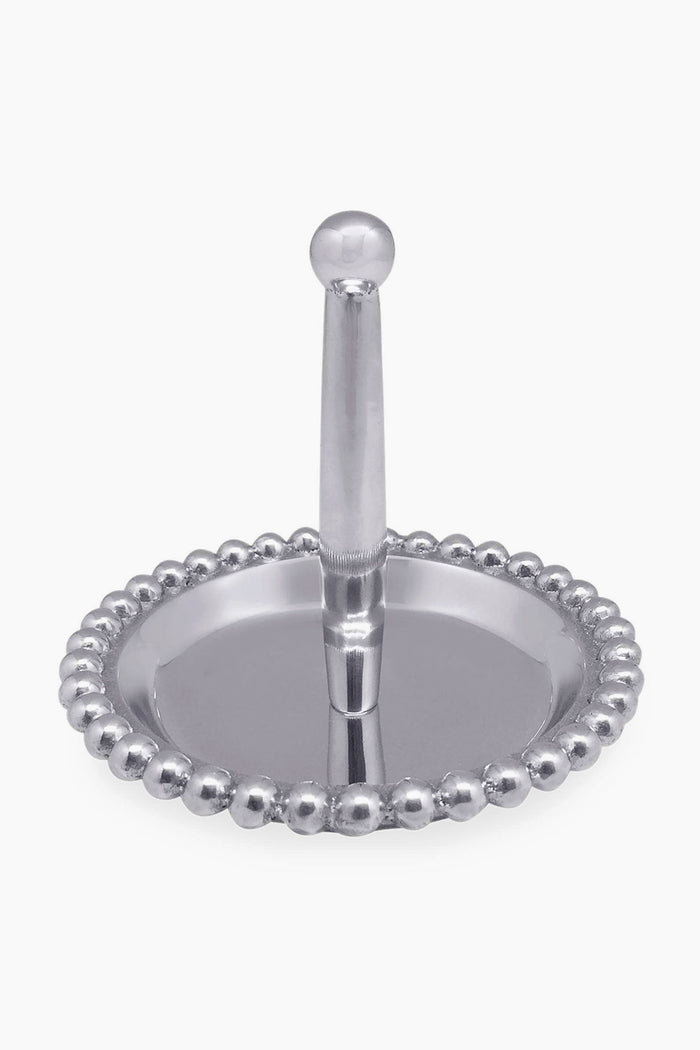 The Mariposa handcrafted Beaded Ring Dish is made from recycled aluminum and features a beaded edge with a central post for holding rings.