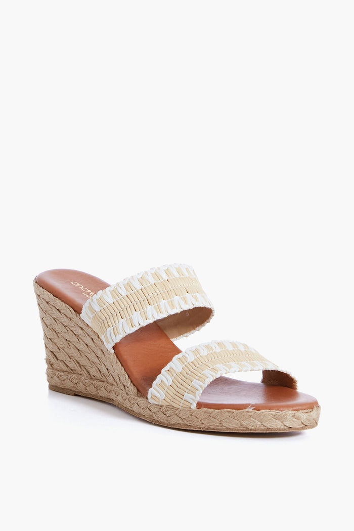 The Andre Assous Nolita Raffia Wedges feature two wide straps with white stitching, a woven straw design, and a braided jute sole for an elegant espadrille sandal style.