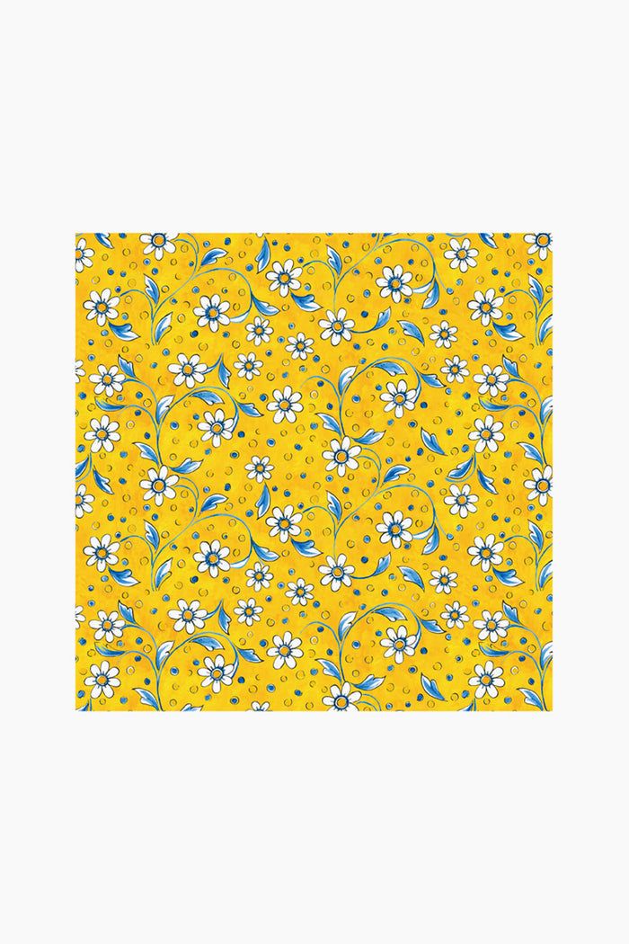 Le Cadeaux luxury melamine waterproof tablecloth with a repeating pattern of white daisies, blue leaves, and small orange dots. Stain resistant for easy care and everyday elegance.