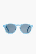 Babiators light blue round kids sunglasses feature dark tinted lenses, offering UV protection and durability.
