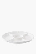 A white, round Juliska Berry & Thread ceramic stoneware platter with five outer sections and a central compartment, perfect for organizing appetizers or dips.