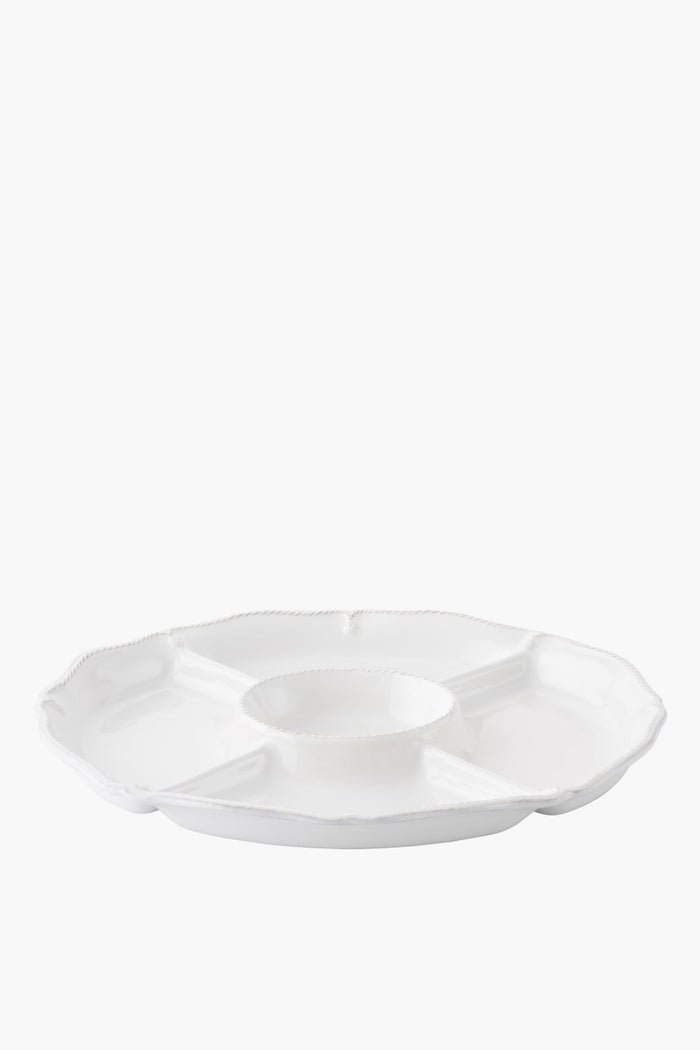 A white, round Juliska Berry & Thread ceramic stoneware platter with five outer sections and a central compartment, perfect for organizing appetizers or dips.
