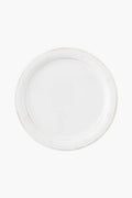 A Juliska Berry & Thread melamine dinner plate in white features a subtle decorative border and is shown from above.