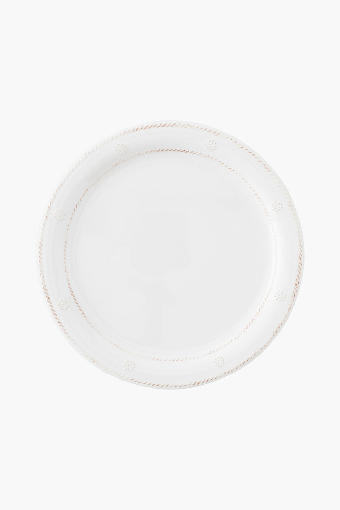 A Juliska Berry & Thread melamine dinner plate in white features a subtle decorative border and is shown from above.