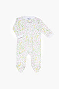 Nella Pima white baby onesie with long sleeves and feet, made from soft Peruvian Pima cotton. Features a pastel Berry Wildflowers zipper print in green, yellow, and pink, plus a convenient front zipper closure.