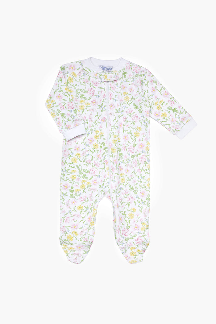 Nella Pima white baby onesie with long sleeves and feet, made from soft Peruvian Pima cotton. Features a pastel Berry Wildflowers zipper print in green, yellow, and pink, plus a convenient front zipper closure.