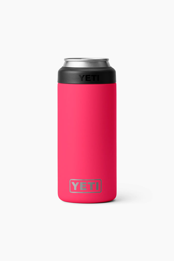 The YETI can insulator is red with a black top, made of durable stainless steel, and uses double-wall vacuum insulation to keep your canned drinks cold.