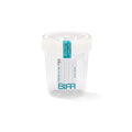 Semen Collection Container 100 mL individually wrapped with teal colored seal and manufacture name printed on seal
