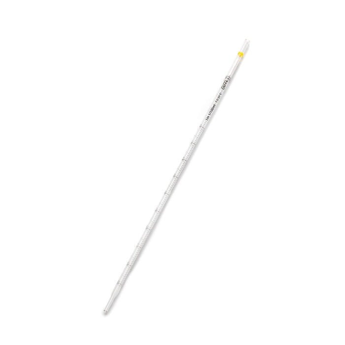 BIRR  Serological Pipette 1 mL with measuring units on side of clear pipette with yellow ring near the top of the pipette.