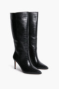A pair of Black Matisse Alina Boots, knee-high with a crocodile-embossed pattern, pointed toes, and high stiletto heels.