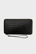 The Neely & Chloe black rectangular travel wallet features croc-embossed leather, a zippered closure, and a detachable wrist strap—ideal for chic organization on the go.