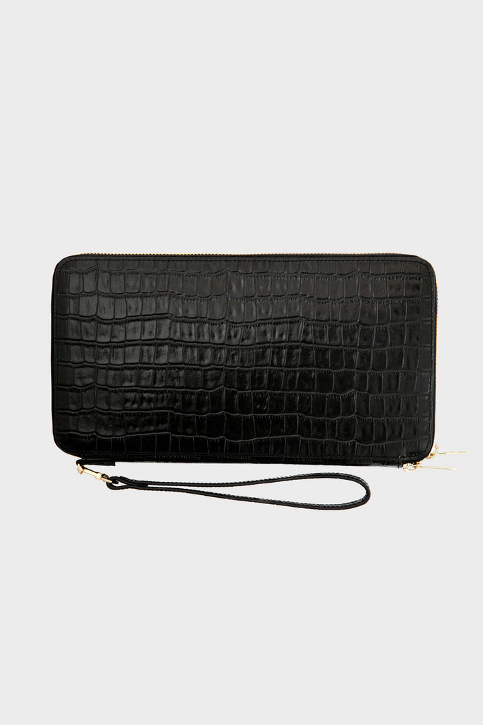 The Neely & Chloe black rectangular travel wallet features croc-embossed leather, a zippered closure, and a detachable wrist strap—ideal for chic organization on the go.