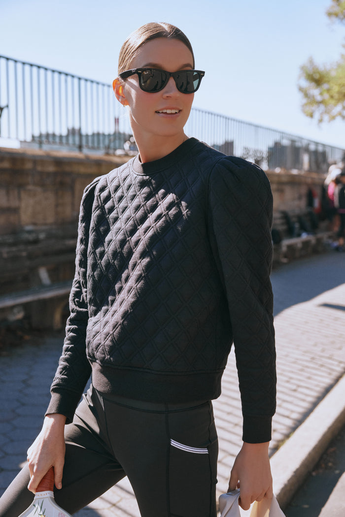 Black Puff Sleeve Quilted Stretch Campbell Pullover