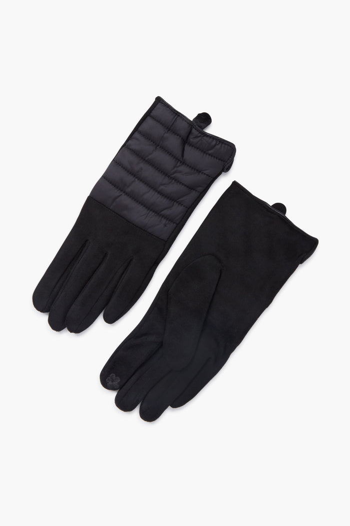 A pair of Black Puffer Gloves by Look by M—one with a quilted design, the other with a smooth, suede-like finish. Both stylish knit accessories have small hanging loops.