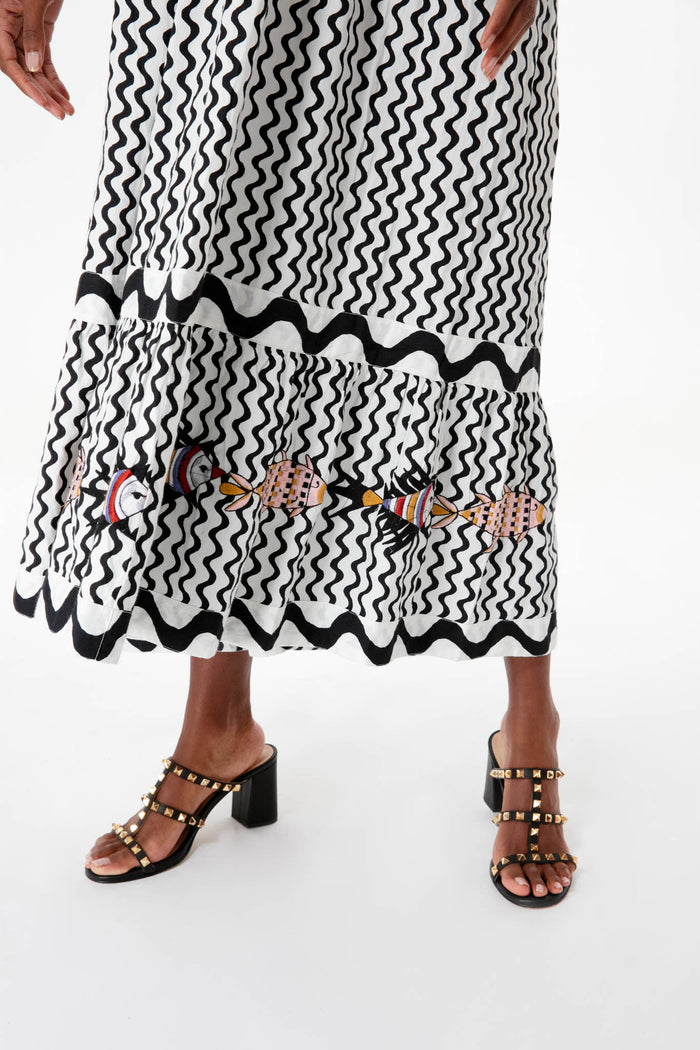 Black Ripple Tie Strap Smocked Straight Midi Dress