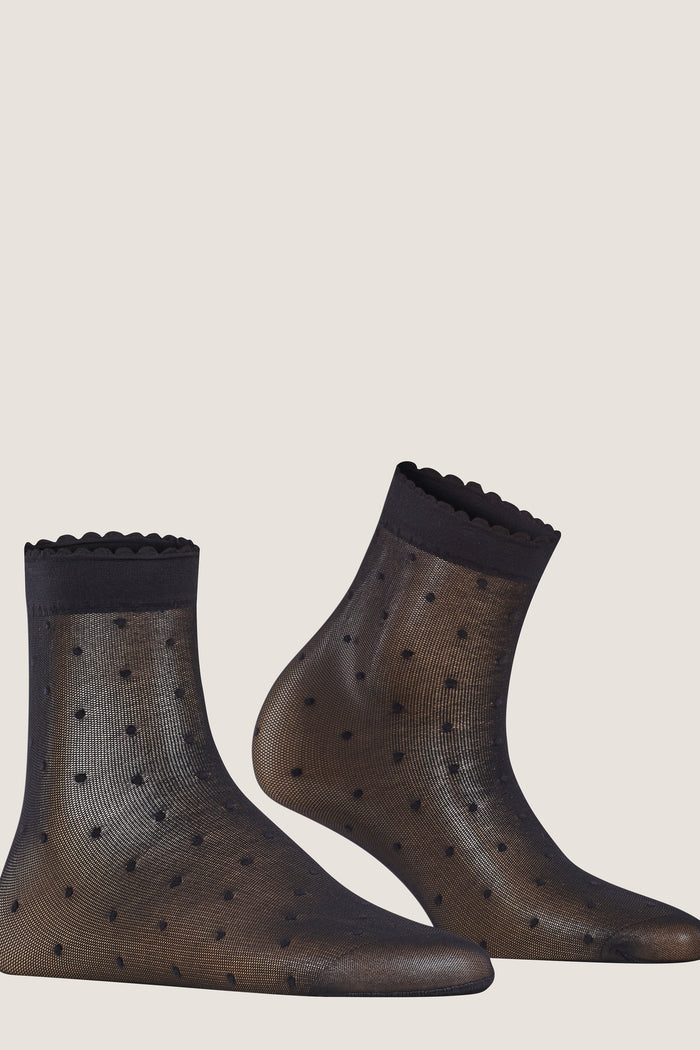 Black Sheer Polka Dot Socks with scalloped cuffs, combining classic style with an effortless, fun twist for a high-end, versatile look.