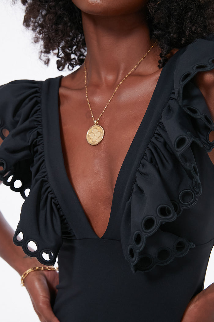 Black Siena Ruffle Scallop One Piece
