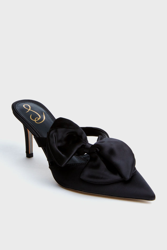 Sam Edelman black pointed-toe satin heels with a large bow, open back, and gold logo on the insole—Veranda Heels that are perfect for any elegant occasion.