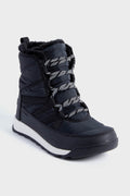 The Sorel waterproof black winter boot features white and black patterned laces, a faux fur lining, and a thick white and black sole.
