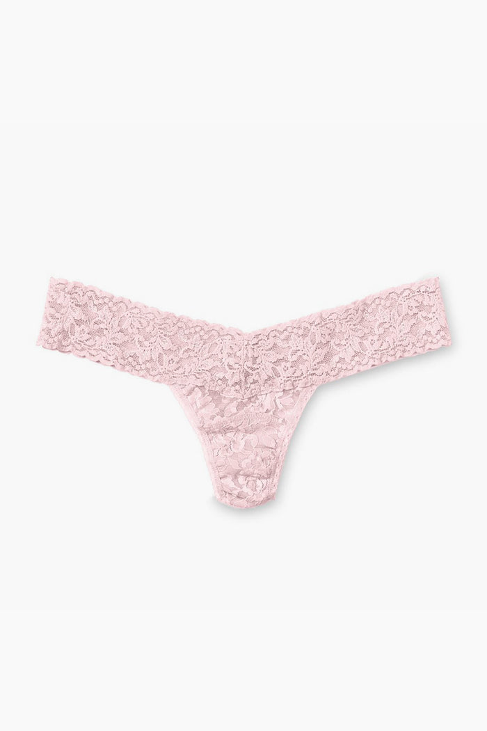 Hanky Panky offers a pair of women's lingerie: light pink low-rise thong underwear made from their signature stretch lace.
