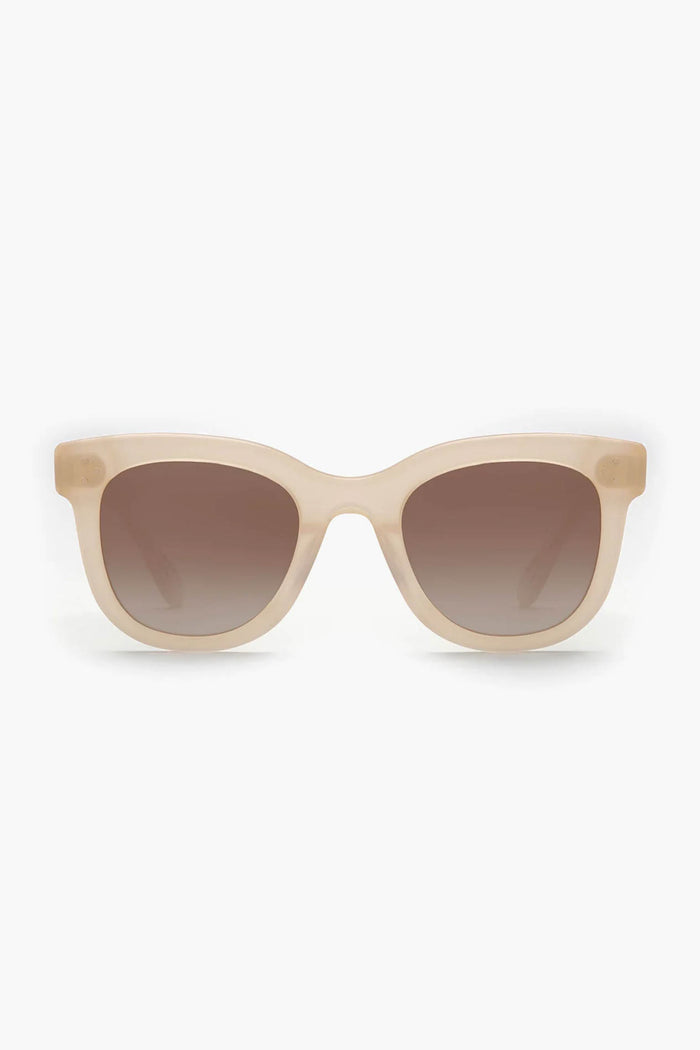 Front view of KREWE du optic Blonde Jena Sunglasses with handcrafted beige square frames and brown gradient lenses, offering UVA/UVB protection.