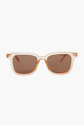 A pair of Le Specs rectangular sunglasses featuring translucent beige frames and brown polarized lenses.