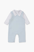 The kissy kissy light blue baby romper is crafted from soft Pima cotton with a textured pattern, white collar, and attached long-sleeve white shirt—a charming addition to your little one’s wardrobe.
