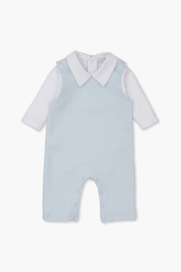 The kissy kissy light blue baby romper is crafted from soft Pima cotton with a textured pattern, white collar, and attached long-sleeve white shirt—a charming addition to your little one’s wardrobe.