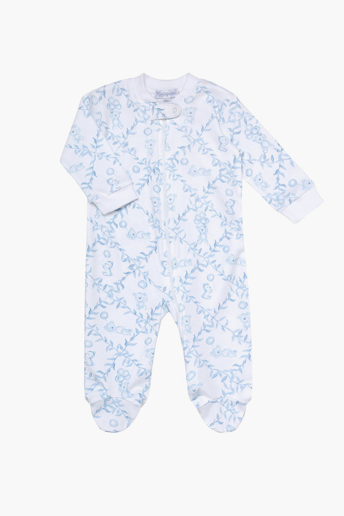 Nella Pima white baby footed onesie with long sleeves, featuring a blue floral pattern and crafted from soft Peruvian Pima cotton for ultimate comfort.
