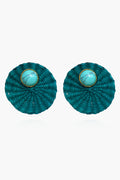 Ana Carolina Valencia round teal woven turquoise stud earrings feature a central turquoise stone framed by a thin gold-plated bronze rim—a stunning piece of handmade jewelry.