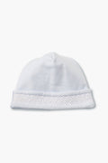 Kissy Kissy light blue baby hat with a folded brim and hand-smocked woven band at the front, crafted from soft, durable Pima cotton for comfort.