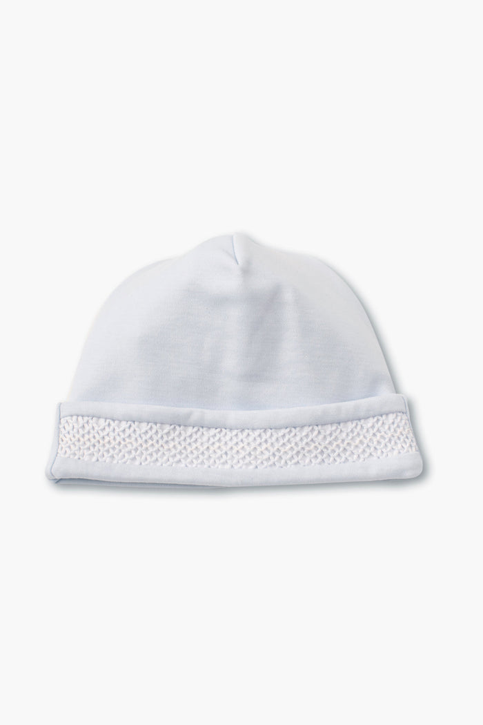 Kissy Kissy light blue baby hat with a folded brim and hand-smocked woven band at the front, crafted from soft, durable Pima cotton for comfort.