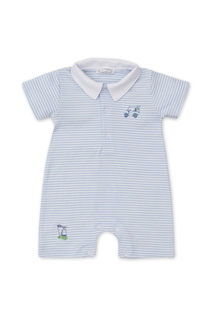 A blue and white striped Pima cotton baby playsuit by kissy kissy with embroidered golf motifs.