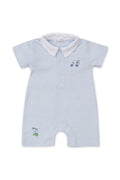 A blue and white striped Pima cotton baby playsuit by kissy kissy with embroidered golf motifs.
