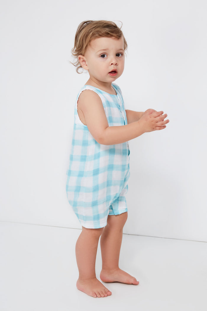 Blue Painted Gingham Shortie Romper