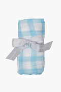 A rolled blue and white checkered Angel Dear Blue Painted Gingham Swaddle, tied with a gray ribbon featuring white text and small stars, made from soft organic cotton muslin.