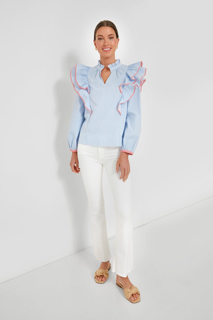 Blue Stripe Gingham Ruffle Holly Blouse