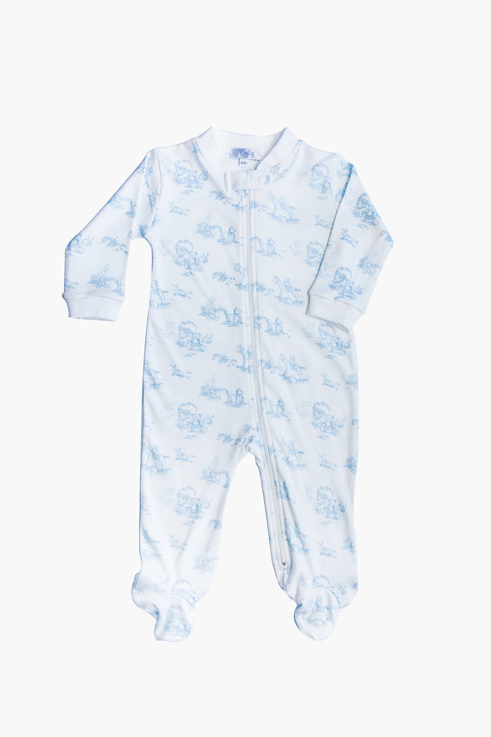 The Nella Pima white baby footed onesie is crafted from soft Peruvian Pima cotton, with a blue animal print and front zipper closure—making it an ideal baby gift.