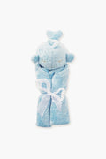 An Angel Dear blue plush toy wrapped in a matching whale blankie, tied with a white ribbon. The toy features stitched facial details and a heart on its head, providing cozy comfort for babies.