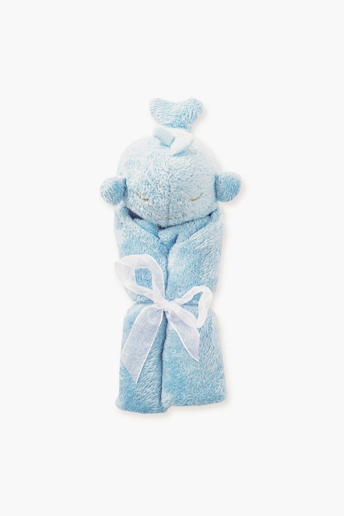 An Angel Dear blue plush toy wrapped in a matching whale blankie, tied with a white ribbon. The toy features stitched facial details and a heart on its head, providing cozy comfort for babies.
