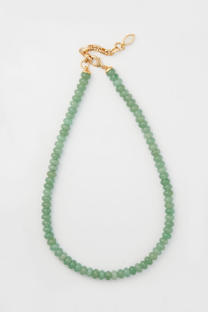 Mignonne Gavigan green beaded necklace with round beads and a gold chain clasp, perfect for layering as Amazonite jewelry.