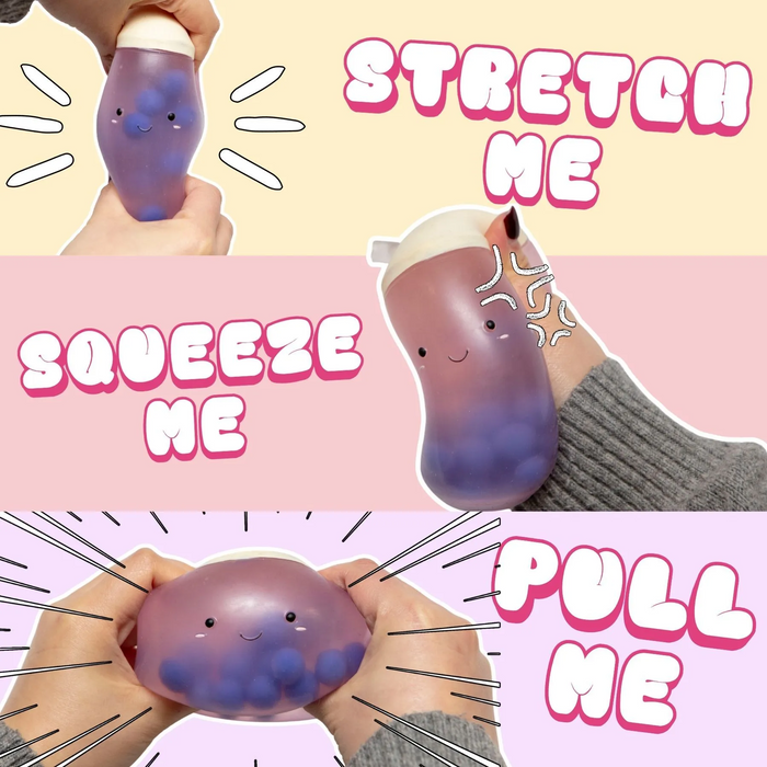 Boba squishy toy being stretched, squeezed and pulled to show flexibility
