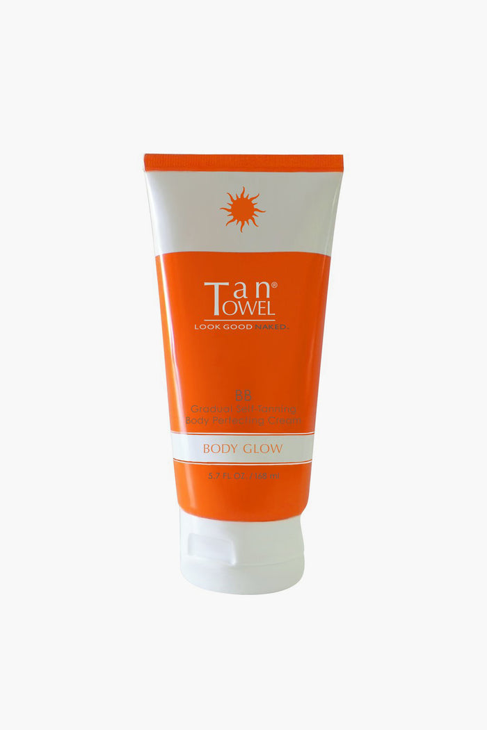 Tan Towel Body Glow BB Cream, 5.7 fl oz, features an orange and white design with a sun logo, delivering a self-tan and skin-perfecting balm for radiant, glowing skin.