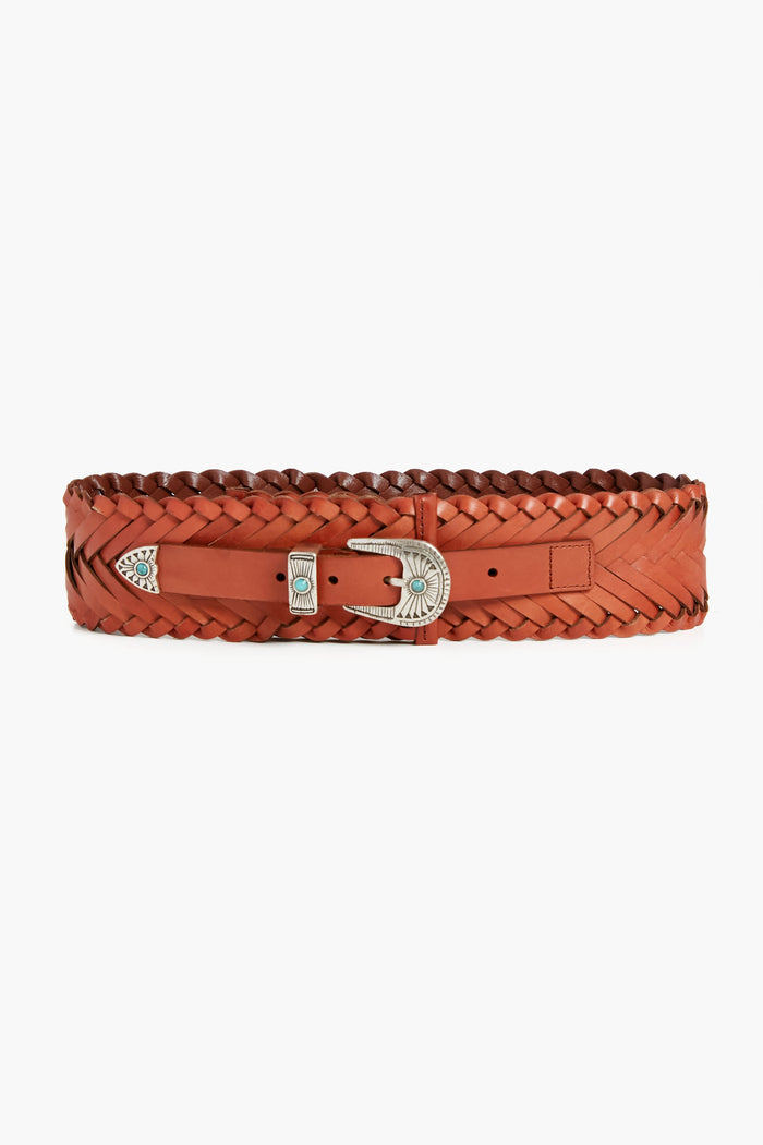 The B-Low the Belt wide brown braided leather belt features a silver buckle, tip, and decorative accents. Displayed horizontally, this western-style accessory adds a stylish touch to any outfit.