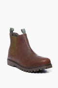 Barbour Cadair Boot: Brown leather with green elastic side panels, pull tabs, and a rugged rubber sole. Waterproof and ideal for winter.