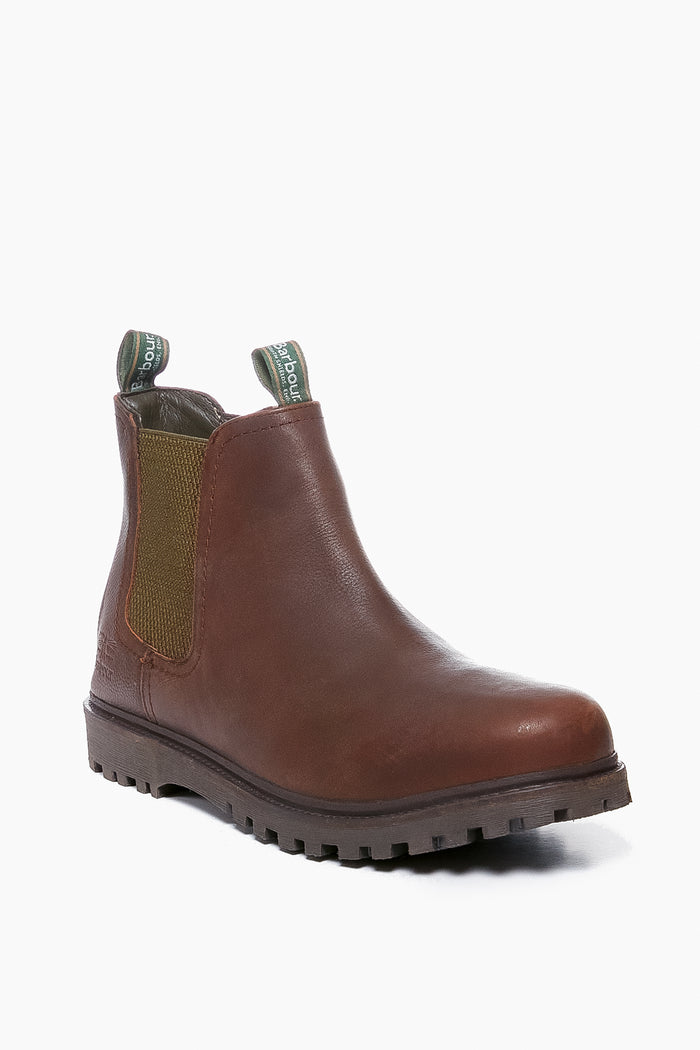 Barbour Cadair Boot: Brown leather with green elastic side panels, pull tabs, and a rugged rubber sole. Waterproof and ideal for winter.