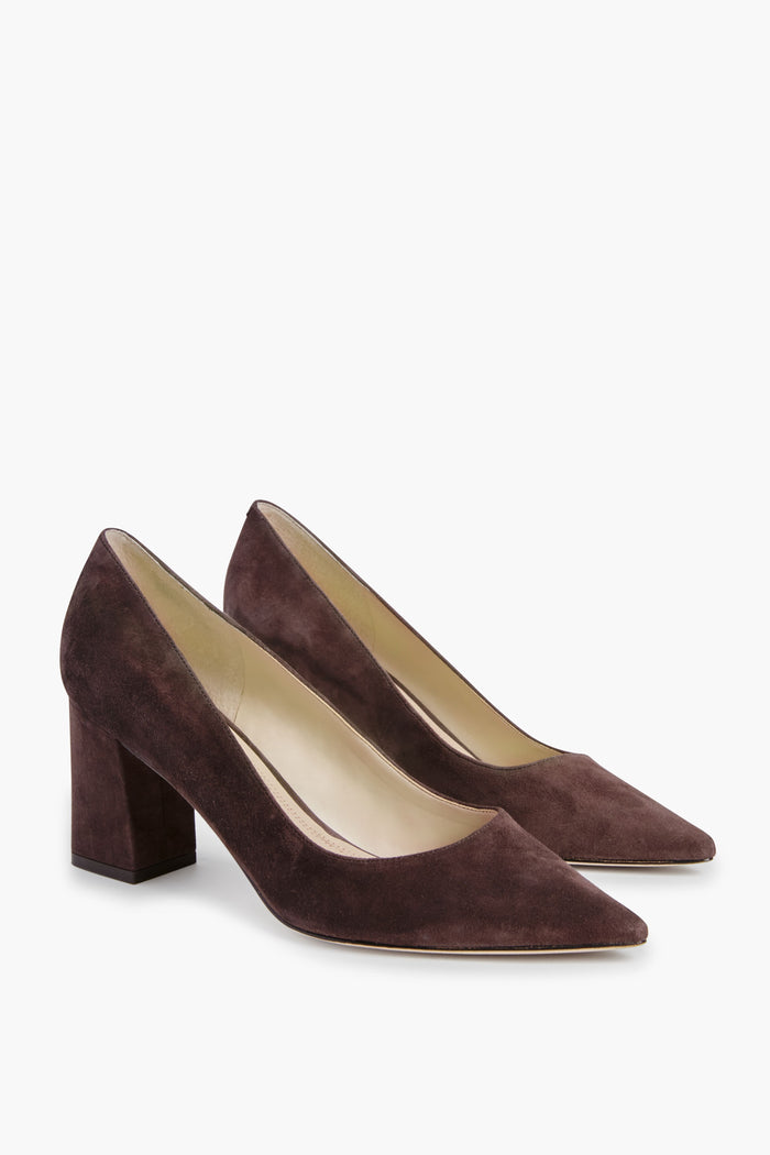 A pair of Marc Fisher Brown Zala Heels crafted in suede, featuring block leather heels and pointed toes.