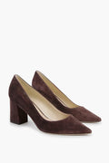 A pair of Marc Fisher Brown Zala Heels crafted in suede, featuring block leather heels and pointed toes.