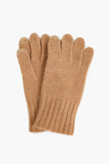 A pair of Amicale light brown knitted cashmere gloves with ribbed cuffs, featuring touch screen compatibility. Gift-ready.