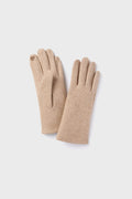 A pair of Look by M Camel Chic Gloves in beige wool, with one glove slightly overlapping the other—perfect as stylish winter accessories.